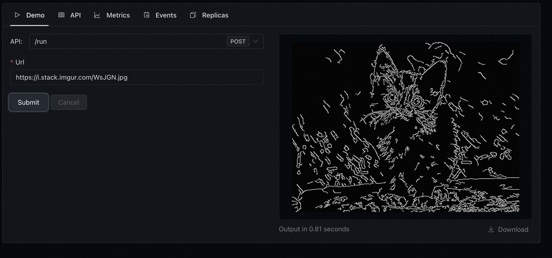 [results.png)
如果不想用LeptonAI Python包,可以用 requests网络请求包来完成服务:
1 | import os |
或者用部署页面提供的 cURL 命令:
1 | curl -X 'POST' \ |
也可以在网页端 Deployment 页面的 Demo 模块中进行推理,输入图片 url 即可得到结果:![